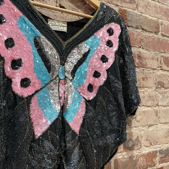 Vintage Chanson D'Amour Sequin Butterly Dolman Sleeve Cropped Top - Picture 6 of 8